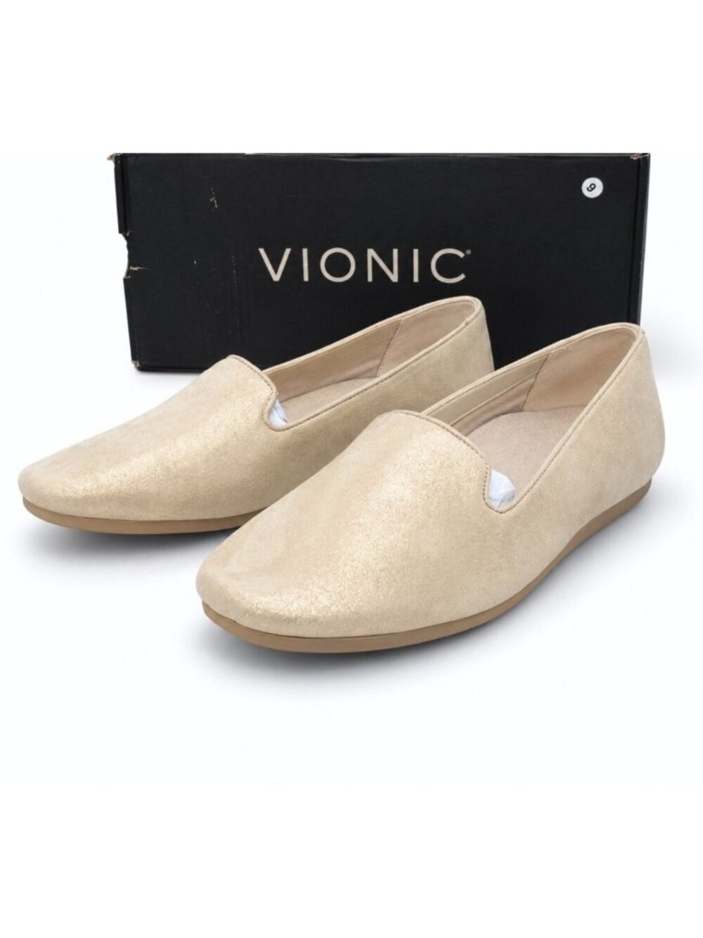 Vionic Coral Venetian Supportive Gold Shimmer Suede Loafer Women 10 Comfort Shoe